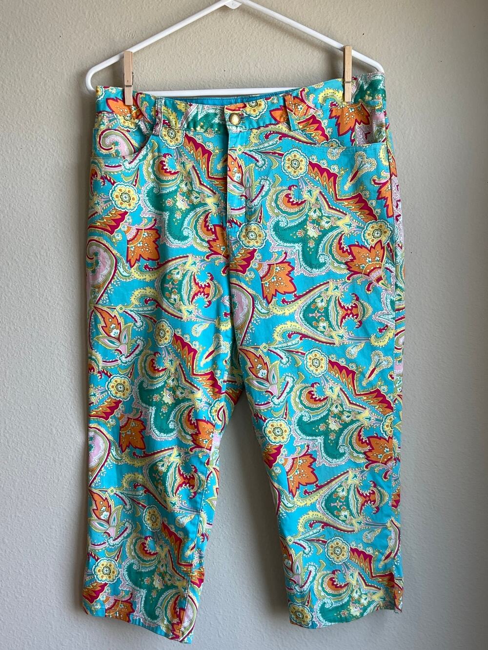 Lauren Ralph Lauren Teal Paisley Floral Cropped Capri Pants Size 8 Five Pocket